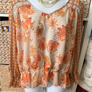 Cato Floral Blouse - Orange and Cream